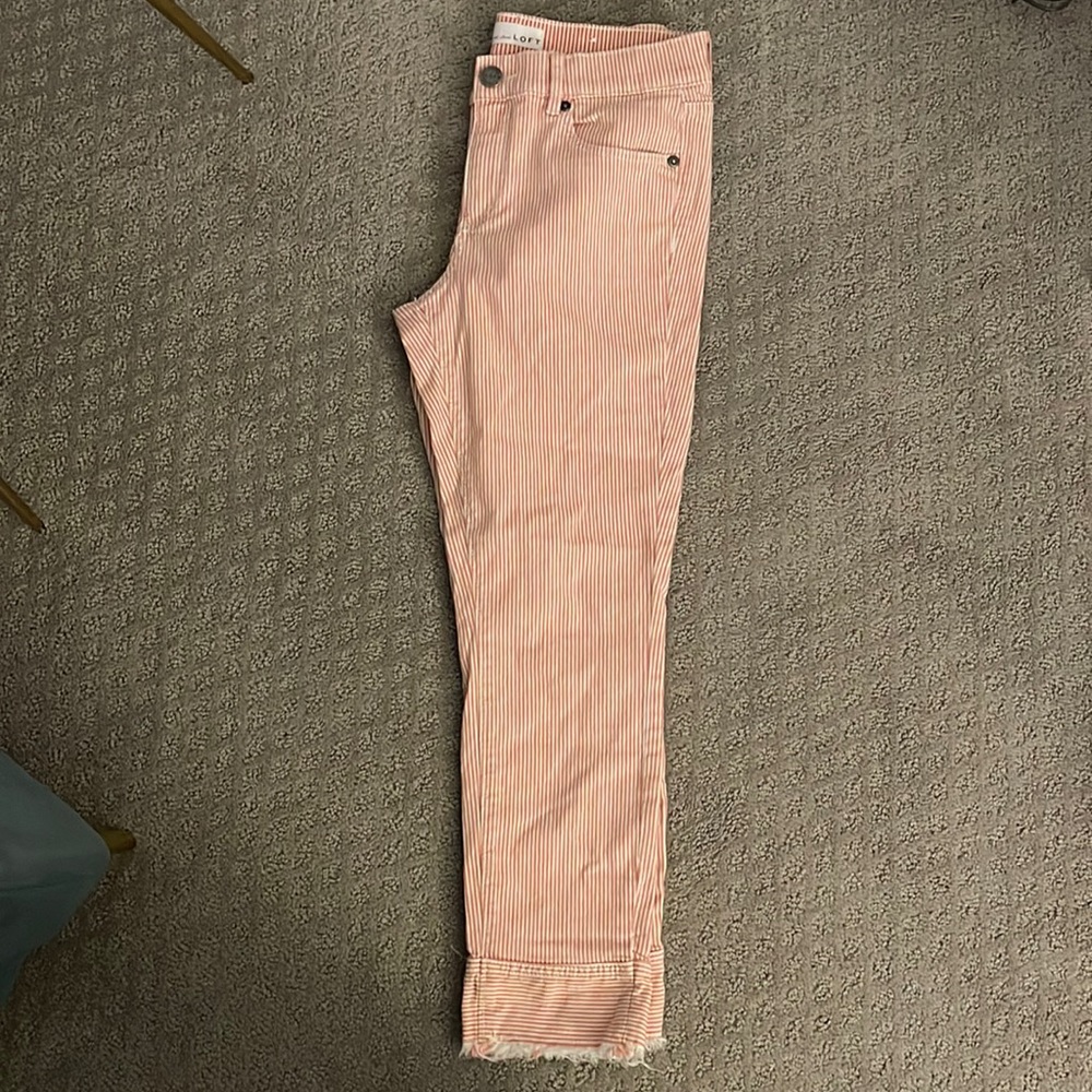 Red and white striped frayed hem jeans from The Loft